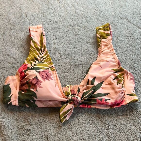 Kona Sol Pink Tropical Tie Front Bikini Top - Size Small - Picture 1 of 11